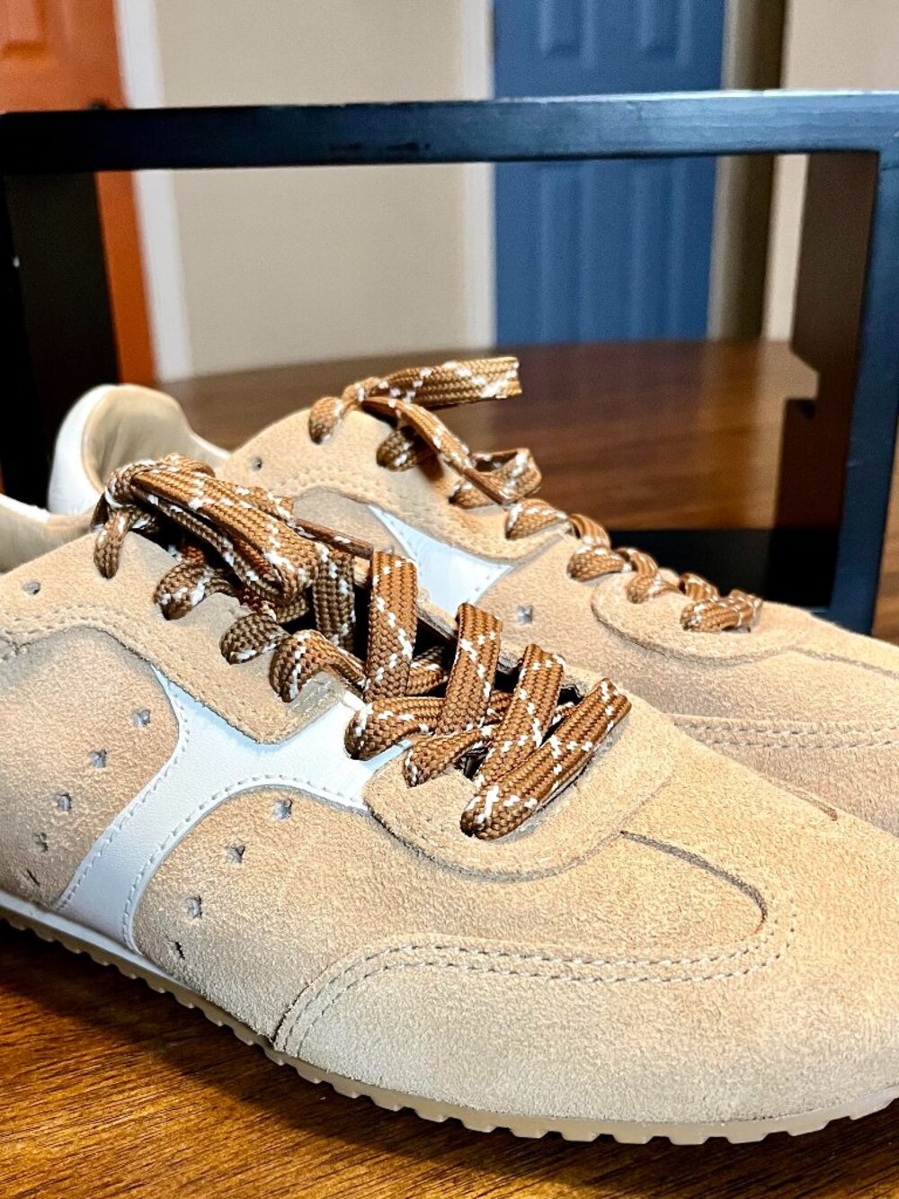 Women's Larroude' Stella Sneakers in Tan Suede with Ivory Leather Accents Size 9